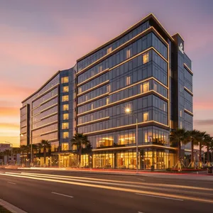 The modern exterior of the Scenic Hotel Dunedin City on Princes Street, captured at twilight with illuminated windows and a colourful sky.