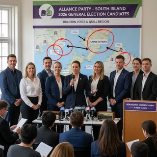 Alliance Party candidates gathered for South Island 2026 General Election campaign announcement in a realistic setting.