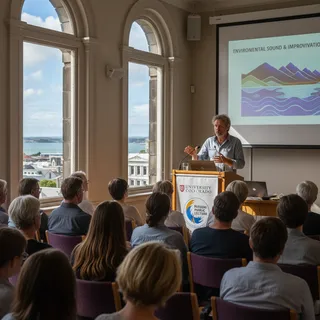 Glen Whitehead, American composer and environmental sound artist, speaking at an event.