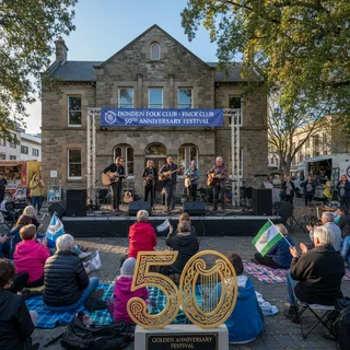 A folk band performs on a stage in a realistic setting with natural lighting, celebrating a golden anniversary.