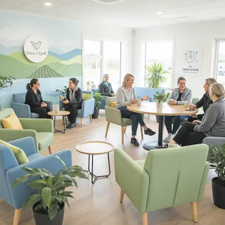 A welcoming wellness environment with comfortable seating and soft lighting, a calm alternative for mental health support.