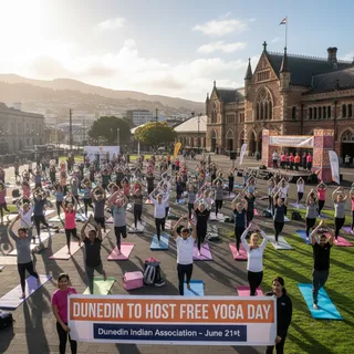 People practicing yoga outdoors in a park with a building in the background, celebrating International Day of Yoga.