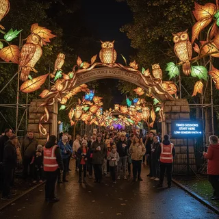 Dunedin Midwinter Carnival features glowing lanterns and costumed figures in a nighttime outdoor setting.