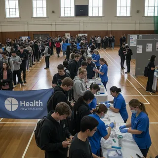 Students queue outside a medical clinic for meningococcal vaccines.