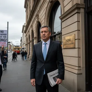 Dunedin councillor Benedict Ong, a man in a suit, looking serious in a professional news photography setting.