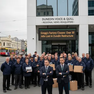 A modern office storefront representing the Gregg's factory closure in Dunedin, Scotland.