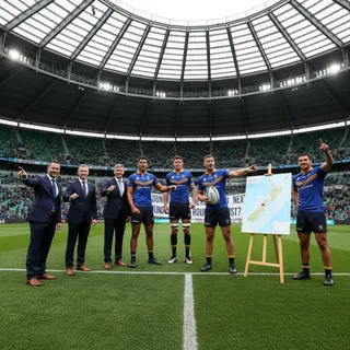 Rugby players in uniform on a field in front of a stadium, promoting Dunedin as a host city.
