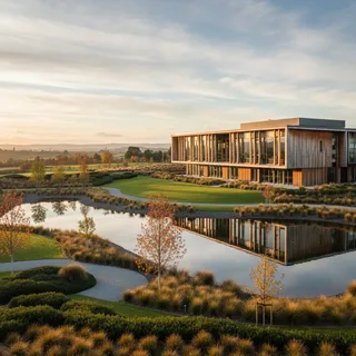 Modern building exterior of Otago Boys' High School with landscaped grounds, architectural photography style.