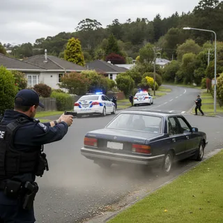 Police car in pursuit with siren lights on, driver arrested after manhunt.