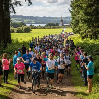 Runners race through a forest trail, demonstrating the growing popularity of adaptive sports in New Zealand.