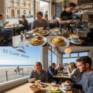 A photorealistic indoor cafe scene in Dunedin with natural lighting, showcasing coffee and meals.