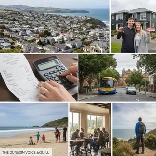 Photorealistic view of Dunedin suburbs with natural lighting, showcasing a realistic setting for a relocation guide.