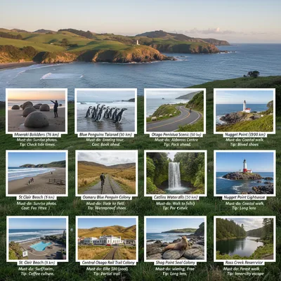 Scenic coastal road winding through rugged hills, hinting at day trip adventures from Dunedin.
