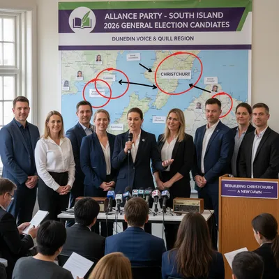 Alliance Party candidates gathered for South Island 2026 General Election campaign announcement in a realistic setting.