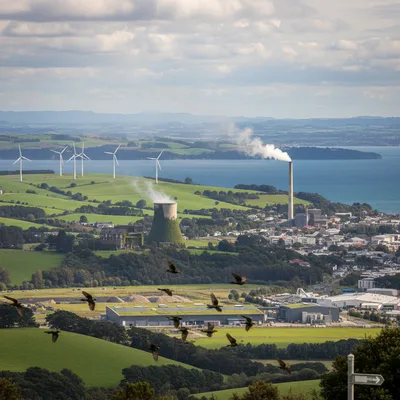 Dunedin landscape with green rolling hills and a few scattered trees under a partly cloudy sky.