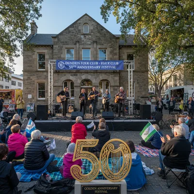 A folk band performs on a stage in a realistic setting with natural lighting, celebrating a golden anniversary.
