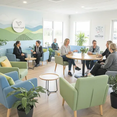 A welcoming wellness environment with comfortable seating and soft lighting, a calm alternative for mental health support.