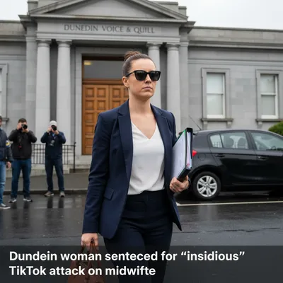Realistic news photo of a Dunedin woman in a room, accused of a TikTok attack.