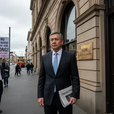 Dunedin councillor Benedict Ong, a man in a suit, looking serious in a professional news photography setting.