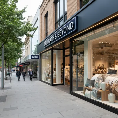 The storefront of the Bed Bath & Beyond Home Store on Cumberland Street in Dunedin, with its clear signage and window displays of homewares.