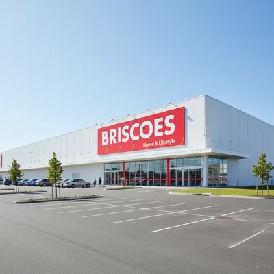 The storefront of the large Briscoes homeware store on Crawford Street in Dunedin, with its prominent red and white branding under a clear sky.