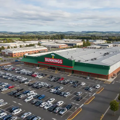 The expansive storefront and car park of the Bunnings Warehouse hardware store located on Strathallan Street in South Dunedin.