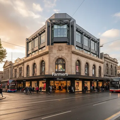 The storefront of the large Farmers department store building on George Street in central Dunedin, with shoppers walking past on the pavement.