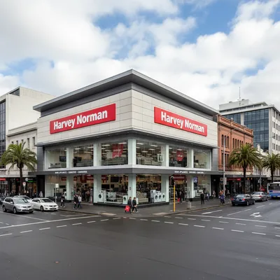 The modern storefront of the Harvey Norman department store located on the corner of MacLaggan and Rattray Streets in central Dunedin, New Zealand.