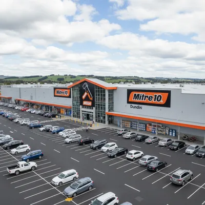 The expansive storefront of the Mitre 10 MEGA hardware store in South Dunedin, showing its prominent orange signage and large customer car park under a clear sky.