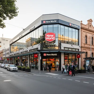 The modern storefront of New World Centre City supermarket on a clear day, located on Great King Street in central Dunedin, with its distinctive branding.