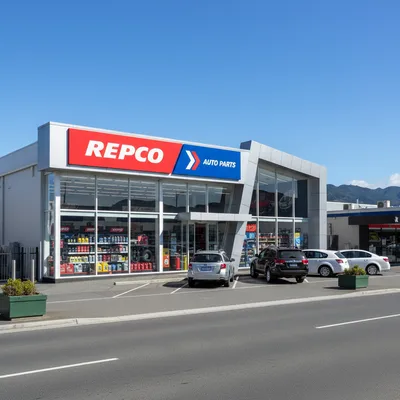 The storefront of Repco Dunedin on Crawford Street, showing the red and blue branding, glass entrance, and customer parking area on a sunny day.