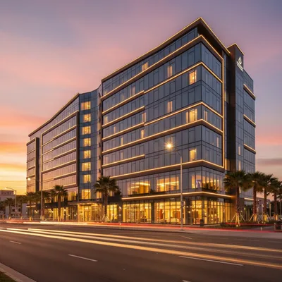 The modern exterior of the Scenic Hotel Dunedin City on Princes Street, captured at twilight with illuminated windows and a colourful sky.