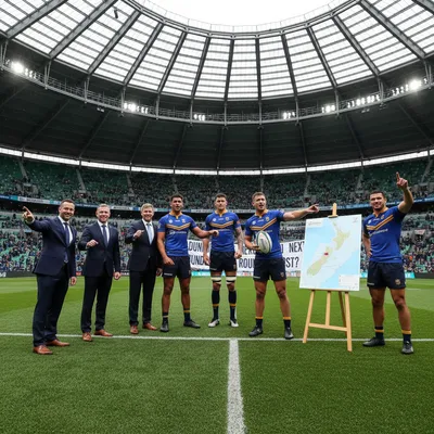 Rugby players in uniform on a field in front of a stadium, promoting Dunedin as a host city.
