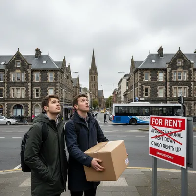 Dunedin street with historic buildings showcases diverse Otago rental property market.