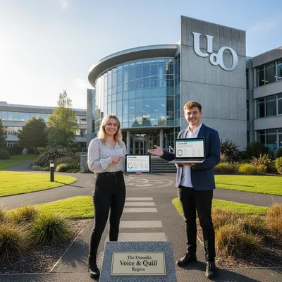 University of Otago students standing outside a modern building with landscaped grounds.