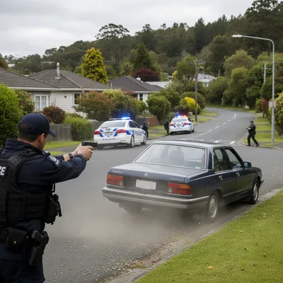 Police car in pursuit with siren lights on, driver arrested after manhunt.