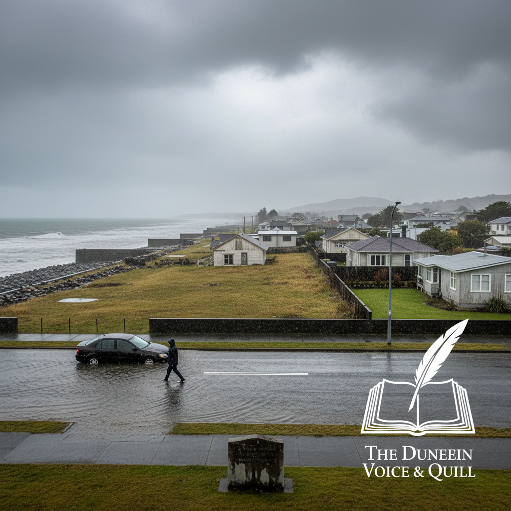 Floodwaters inundating a low-lying suburban street with houses visible under a grey, overcast sky.