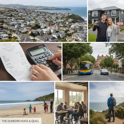 Photorealistic view of Dunedin suburbs with natural lighting, showcasing a realistic setting for a relocation guide.