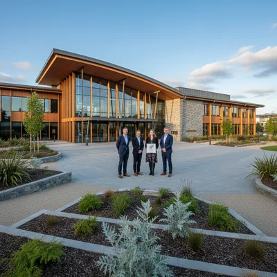 Modern building exterior with landscaped grounds at the University of Otago's Teaching Excellence Awards event.