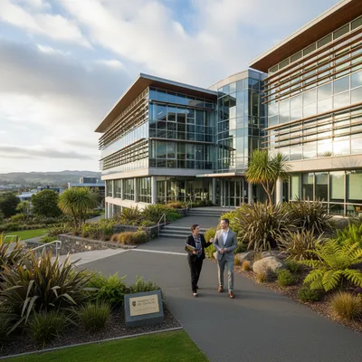 Modern University of Otago Business School building exterior with landscaped grounds in Dunedin.