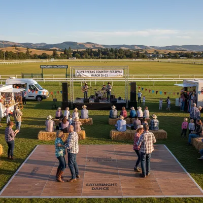 Wingatui racecourse set up for the Silverpeaks Country Music Festival with a large crowd enjoying the outdoor event.