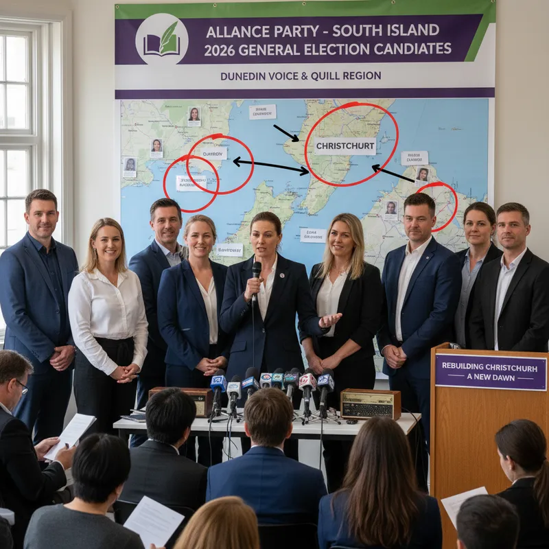 Alliance Party candidates gathered for South Island 2026 General Election campaign announcement in a realistic setting.