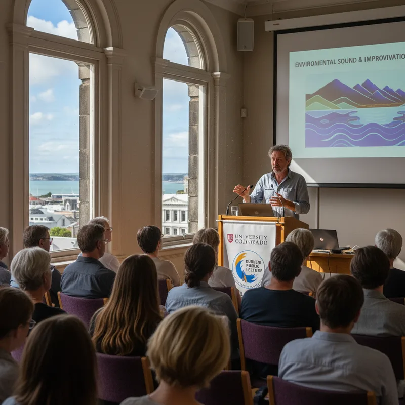 Glen Whitehead, American composer and environmental sound artist, speaking at an event.