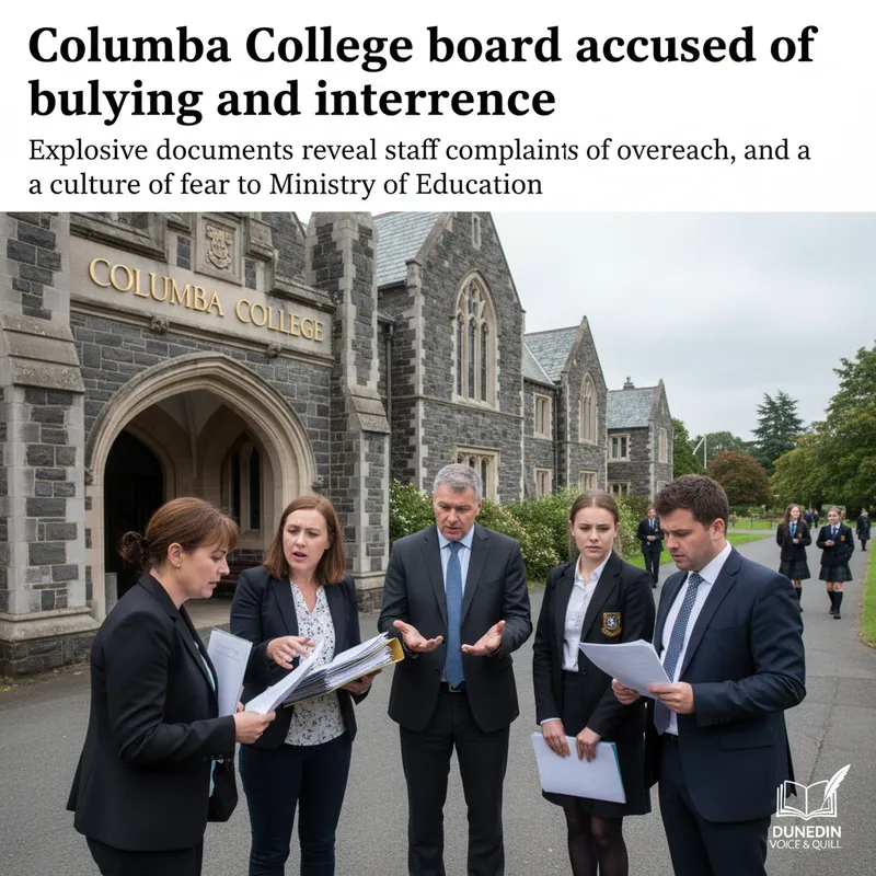 Columba College campus with a serious atmosphere, reflecting staff complaints against the board.