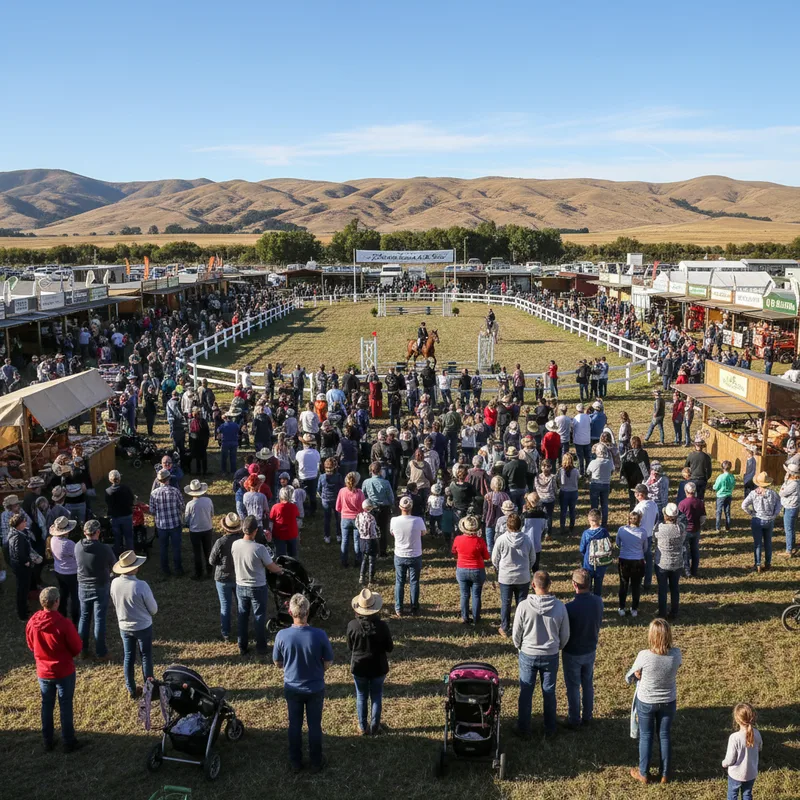 Middlemarch showgrounds bustling with crowds browsing trade stalls and viewing events in the main ring.