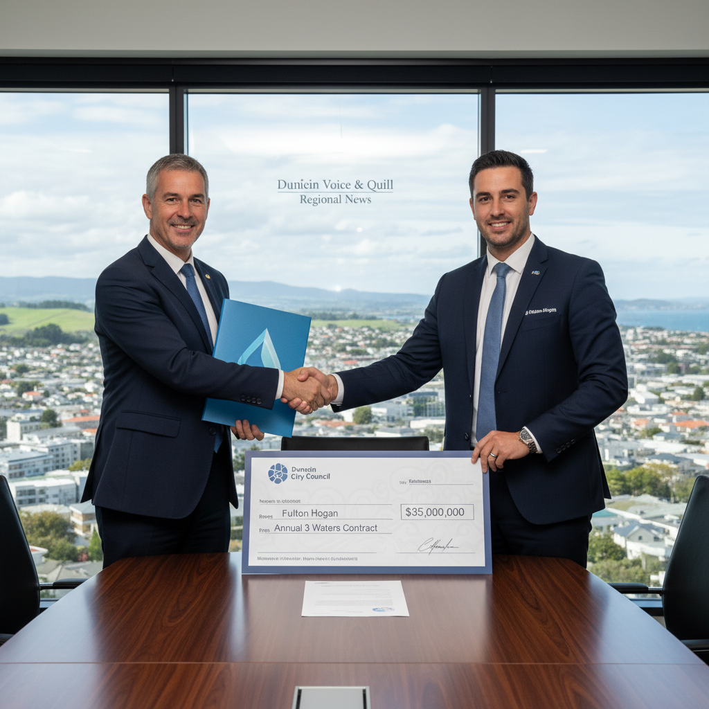Modern office interior with water-related infographics and a council member shaking hands with a Fulton Hogan representative.