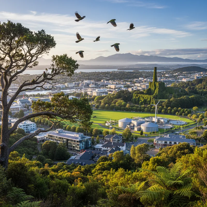 Dunedin's green landscape with a view towards the city, reflecting environmental efforts.