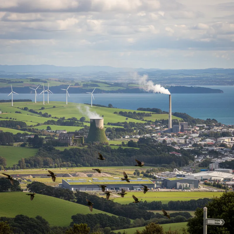 Dunedin landscape with green rolling hills and a few scattered trees under a partly cloudy sky.