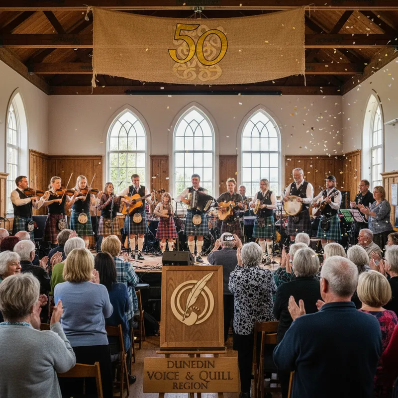 Musicians perform at a festival celebrating the Dunedin Folk Club\'s 50th anniversary.