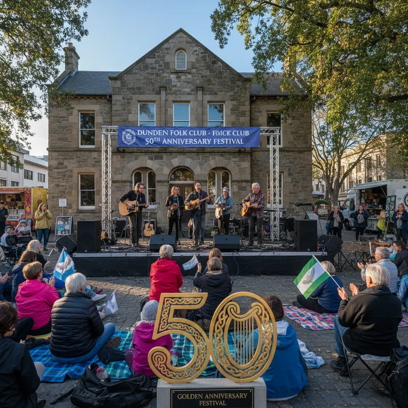 A folk band performs on a stage in a realistic setting with natural lighting, celebrating a golden anniversary.